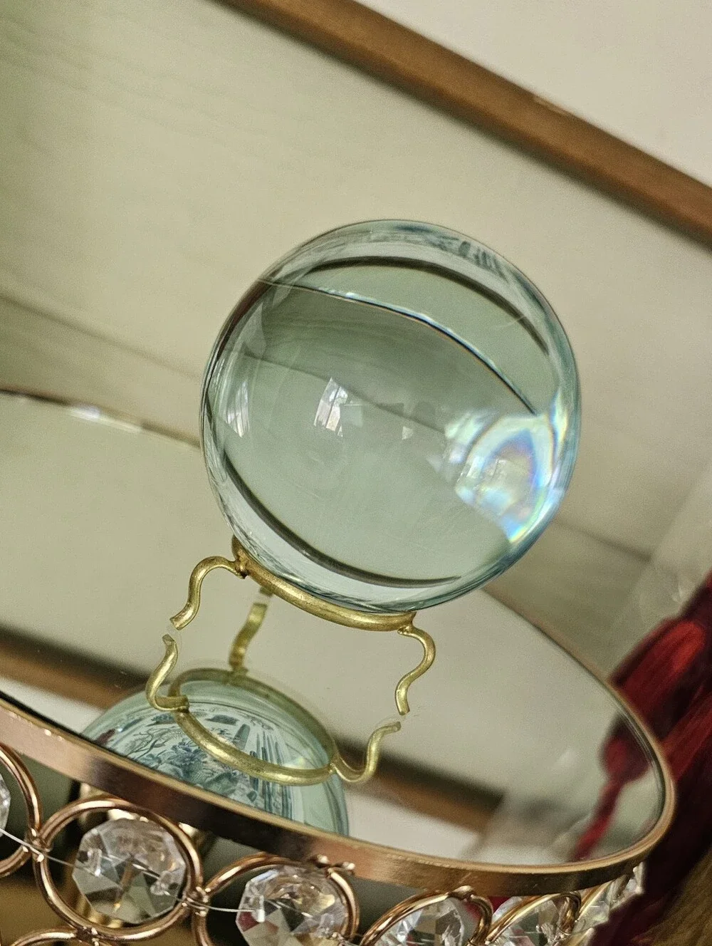 Subtle Smoky Green Scrying (80mm) Crystal Ball w/Gold Stand